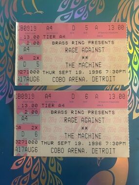 Vintage 1996 Rage Against The Machine Concert Ticket Stubs Pair Authentic